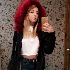 Bagatelle Red Faux Fur Trim Bomber Jacket